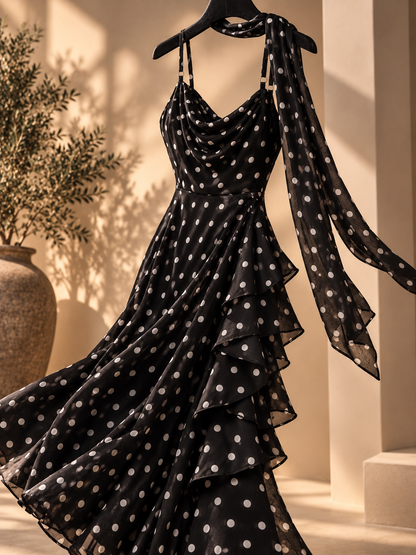 Elegant Polka Dot Maxi Dress with Scarf Neck