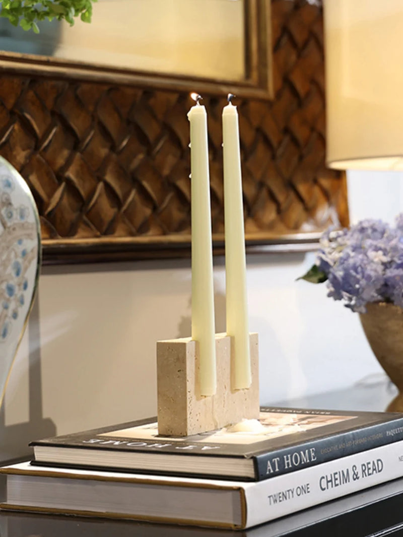 Luxury Double Travertine Candle Holder Decor 