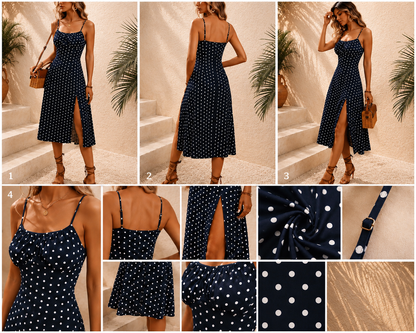 Elegant Polka Dot Midi Dress – Square Neck Sleeveless Summer Dress