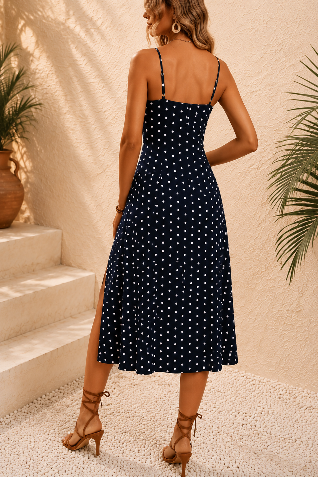 Elegant Polka Dot Midi Dress – Square Neck Sleeveless Summer Dress