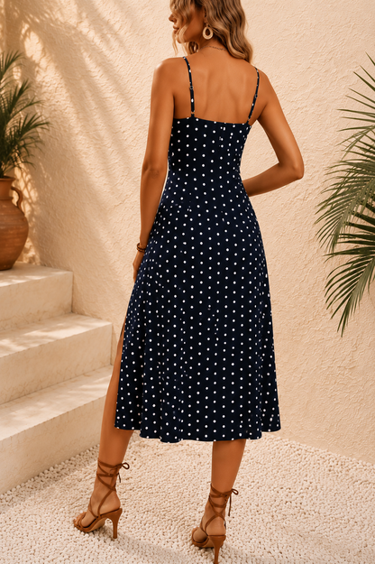Elegant Polka Dot Midi Dress – Square Neck Sleeveless Summer Dress