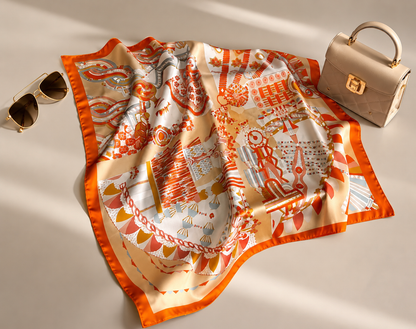 Luxury Satin Square Scarf for Women – Geometric Print Silk Feel Neck & Hair Scarf (70 × 70 cm)