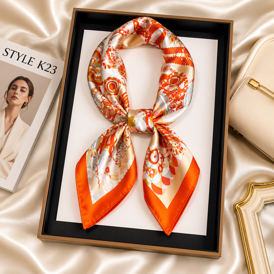 Luxury Satin Square Scarf for Women – Geometric Print Silk Feel Neck & Hair Scarf (70 × 70 cm)