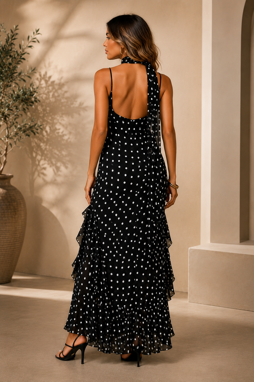 Elegant Polka Dot Maxi Dress with Scarf Neck