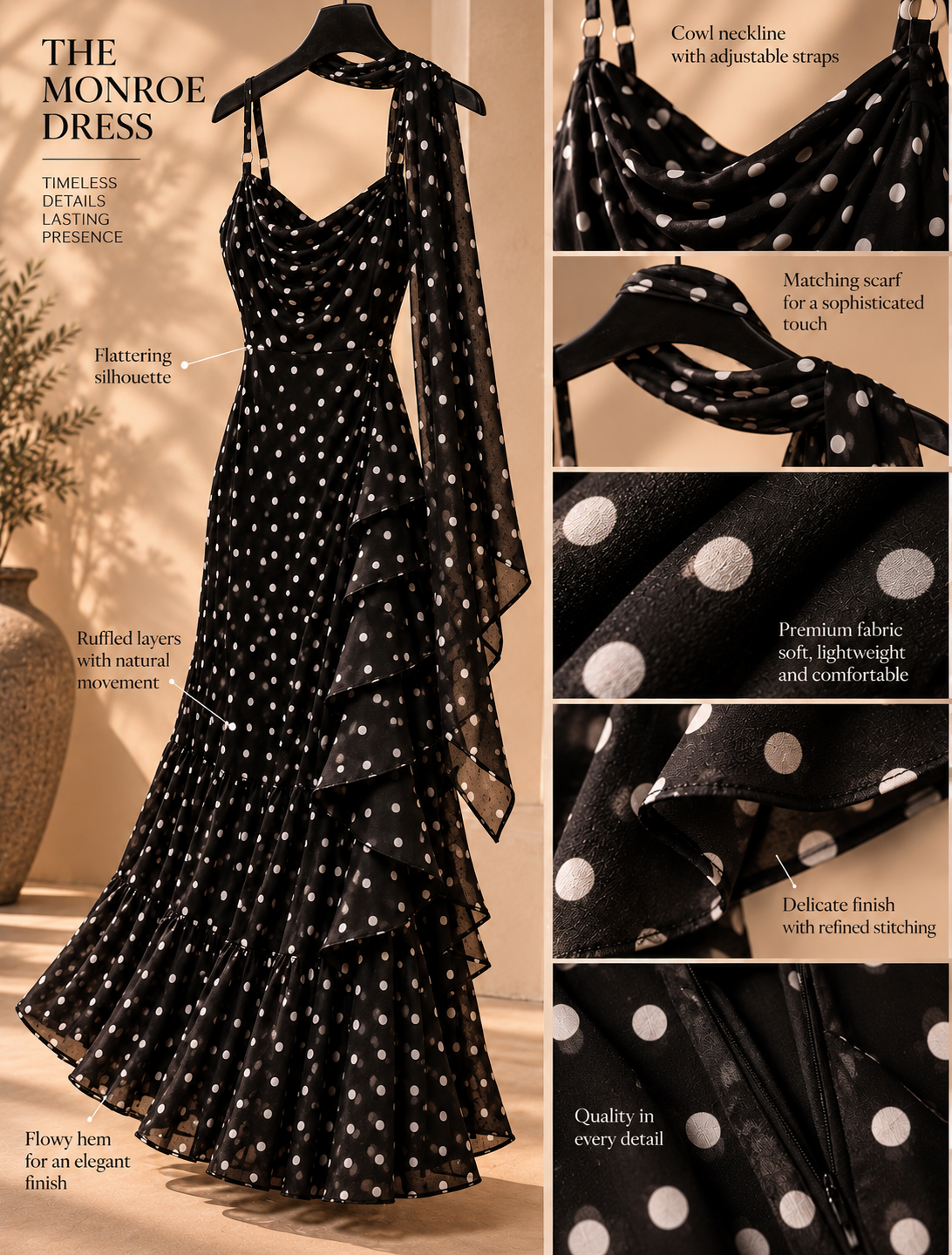 Elegant Polka Dot Maxi Dress with Scarf Neck