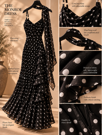 Elegant Polka Dot Maxi Dress with Scarf Neck