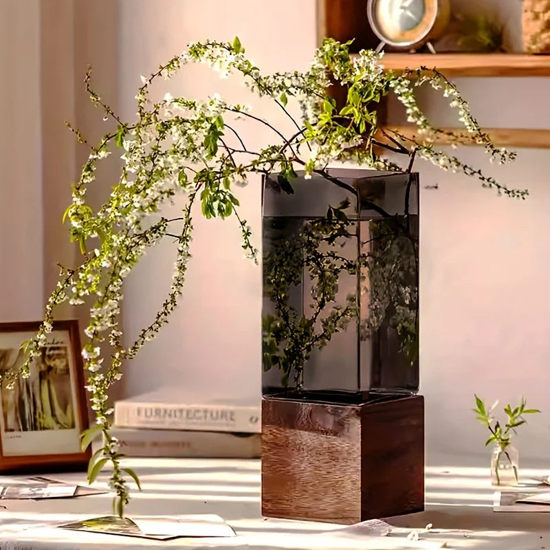 Luxury Modern Glass Vase / Minimalist Wood Base Decor