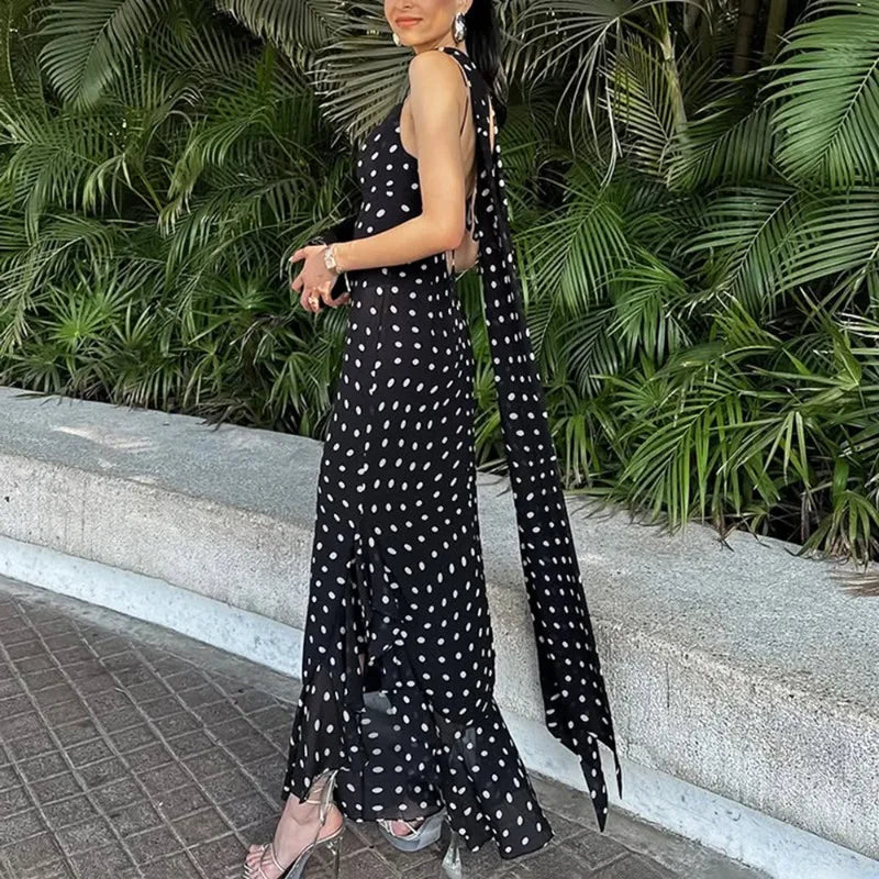 Elegant Polka Dot Maxi Dress with Scarf Neck